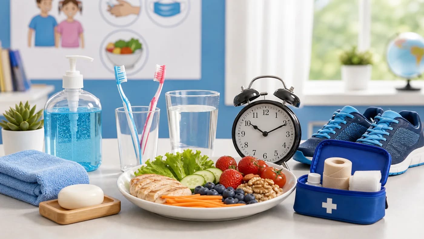 School health table with soap, towel, toothbrush, balanced food, exercise shoes, clock, and first-aid kit.