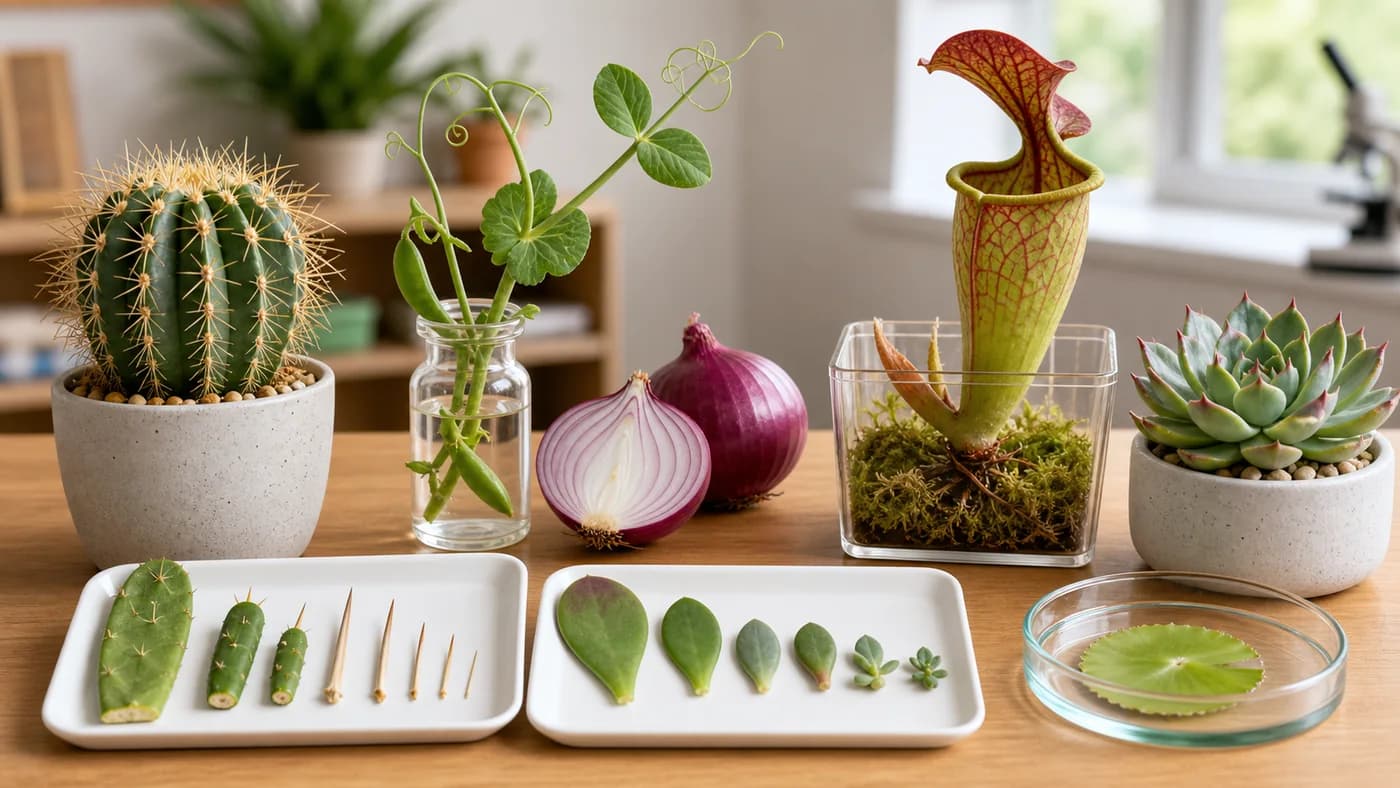 Botany table with modified leaf examples including cactus spines, pea tendril, onion bulb, pitcher plant, and succulent leaves.