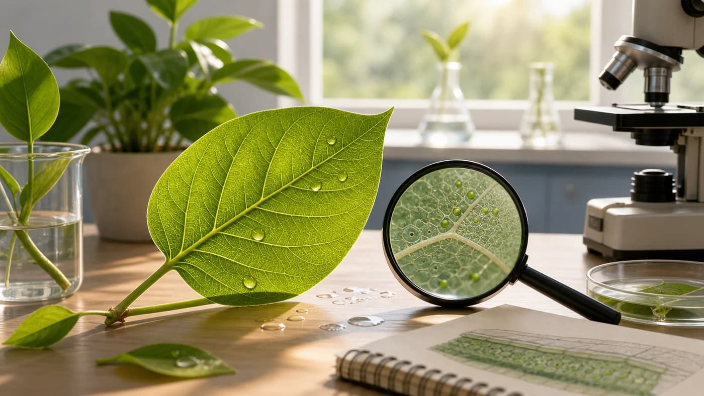 Biology table with a fresh leaf, visible veins, water droplets, sunlight, magnifying glass, and potted plant.