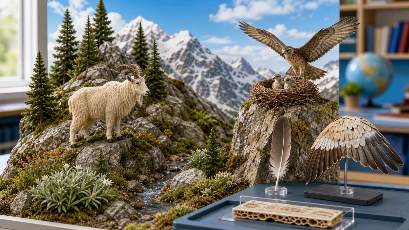 Mountain and aerial habitat model with thick-furred mountain animal, bird with wings spread, feather model, and cliff ledges.