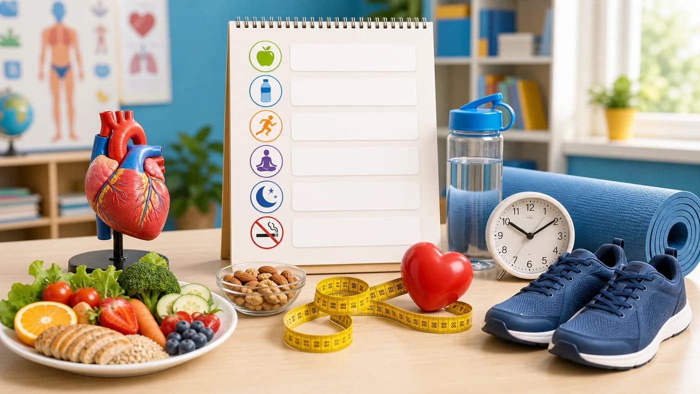 Healthy lifestyle display with balanced food, water, sports shoes, yoga mat, heart model, measuring tape, and sleep clock.