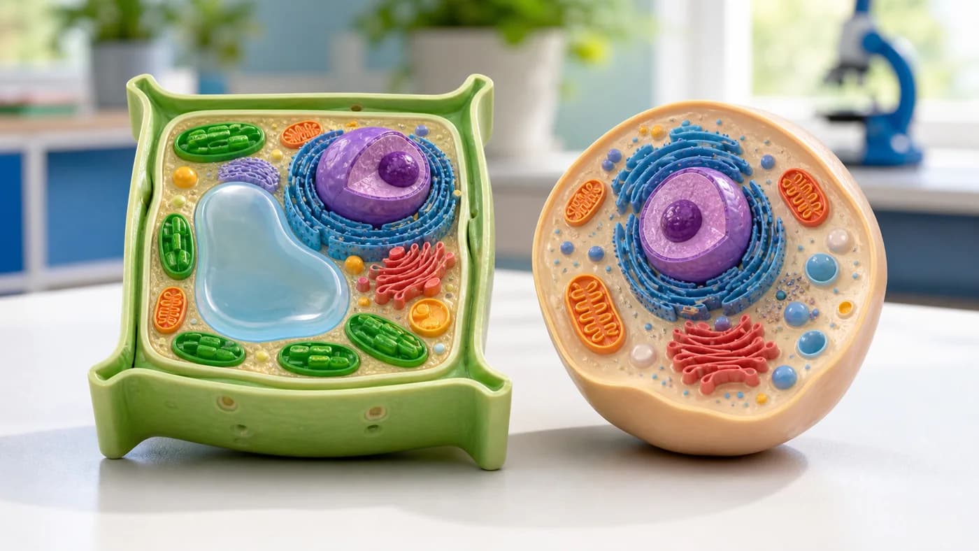 Side-by-side classroom models comparing a rectangular plant cell with a rounded animal cell.
