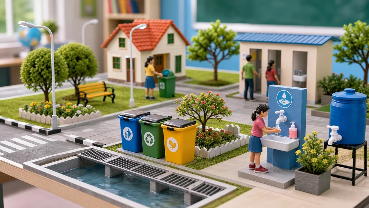 Mini community sanitation model with covered bins, handwashing station, clean water tap, drainage, broom, and tidy public space.