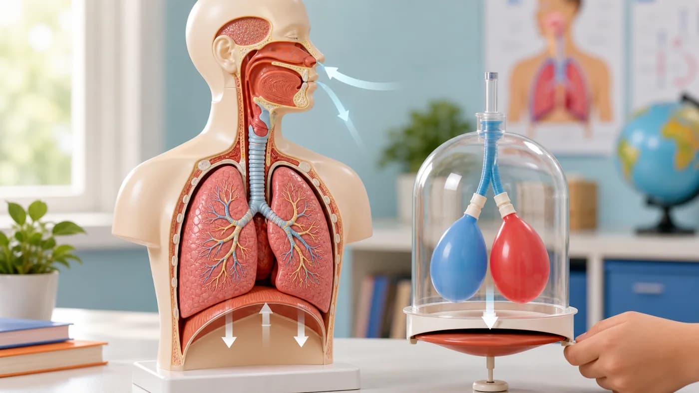 Classroom respiratory system model showing lungs, windpipe, diaphragm movement, and a bell-jar breathing setup.