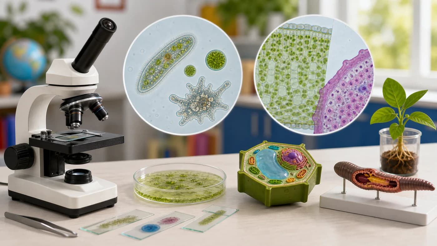 Classroom microscope table comparing single-celled organisms on slides with a multicellular plant and animal model.