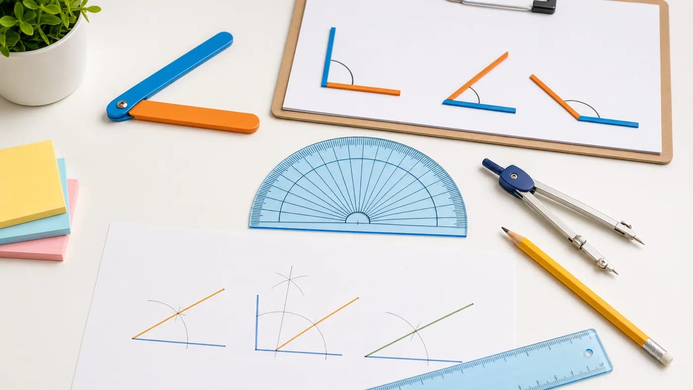 Protractor, compass, ruler, pencil, and hinged angle model showing measuring and constructing angles.