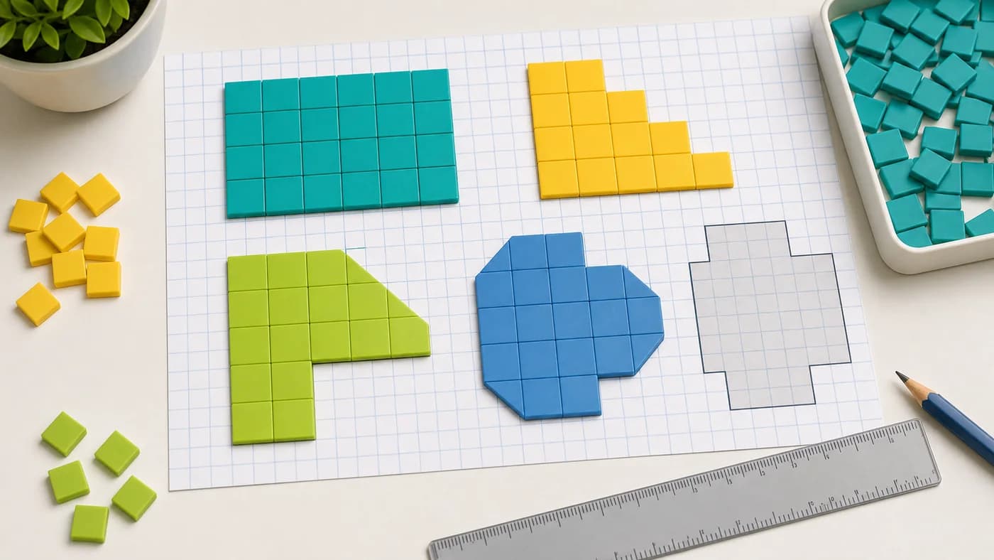 Grid paper and unit square tiles covering shapes to show area measured by counting unit squares.