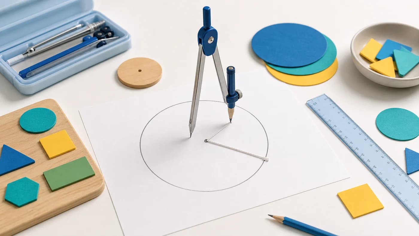 Compass drawing a circle with circular cutouts, center string, ruler, and basic shape tiles.