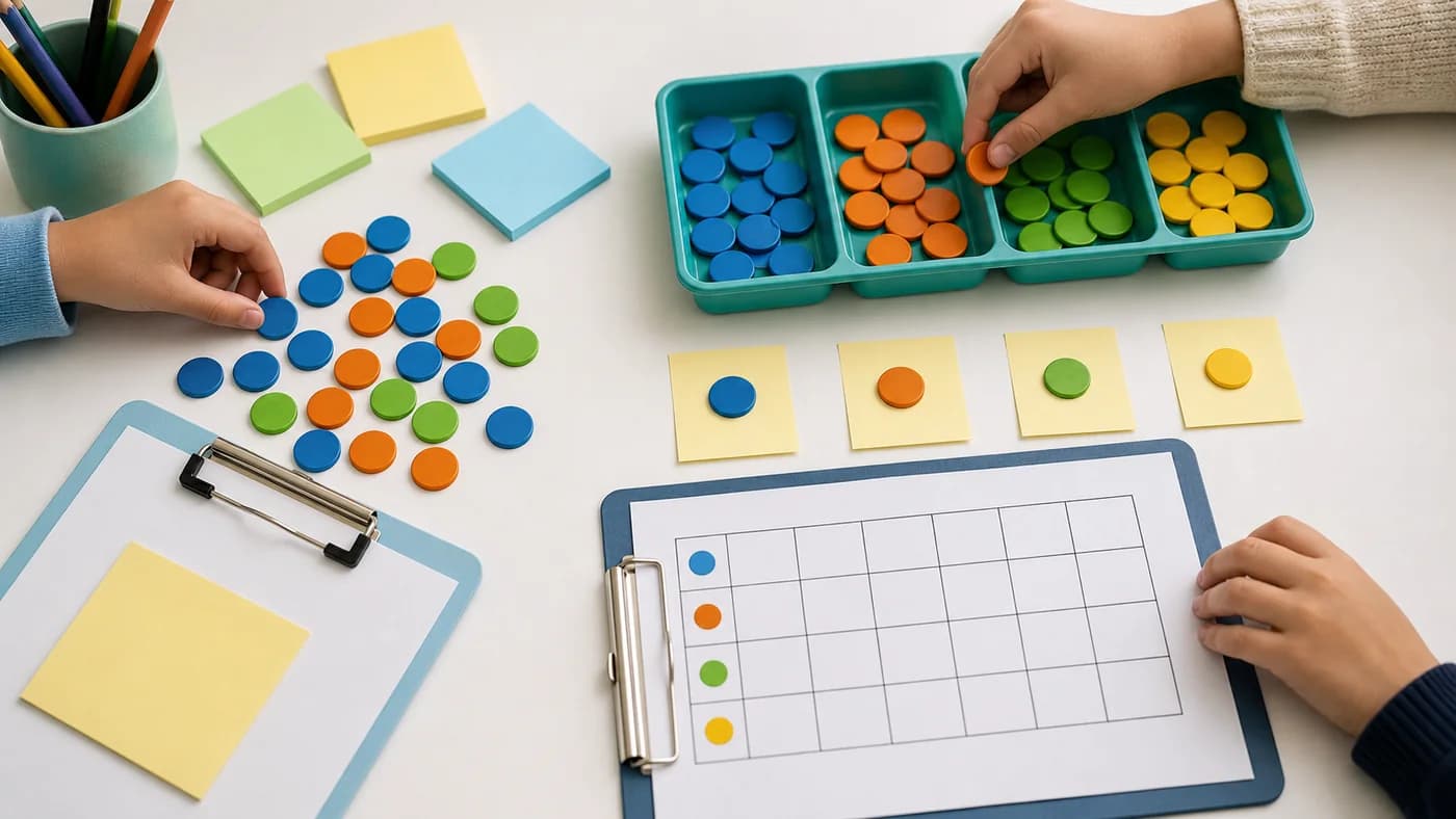 Survey tokens, sorting trays, counters, and a blank grid showing data collection and organization.
