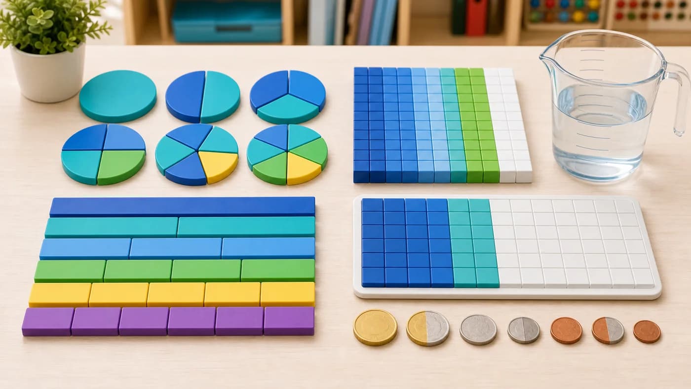 Fraction circles, fraction bars, decimal grids, measuring cup, and coins showing fractions and decimals as parts.