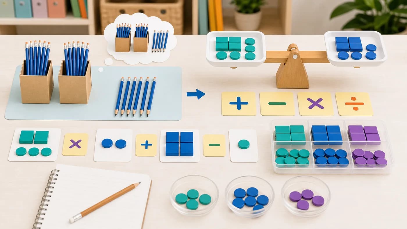 Story objects, counters, algebra tiles, and balance scale showing how expressions are framed and evaluated.