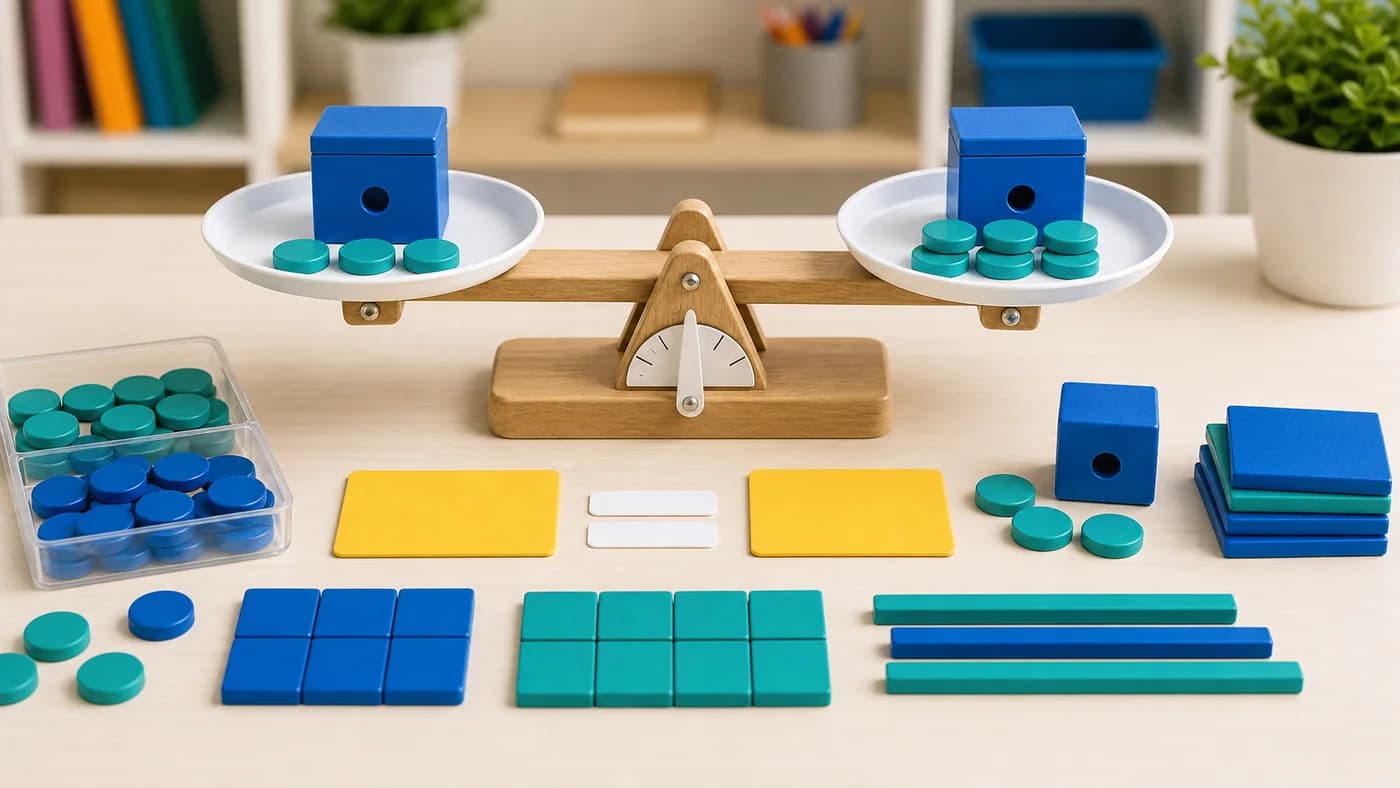 Balance scale with matching counters and unknown-box tokens showing linear equations as balanced situations.