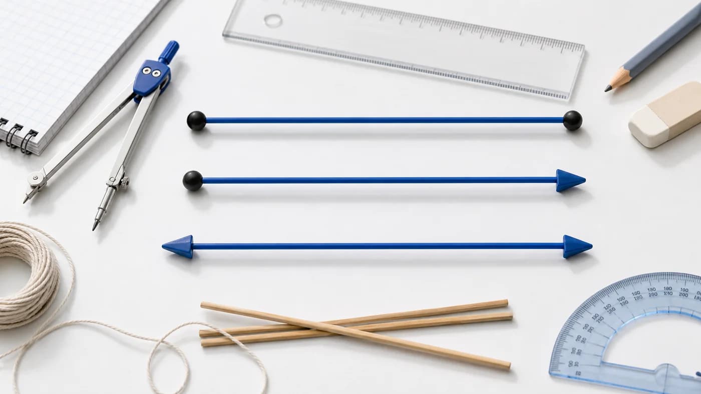 Geometry tools and rod models with endpoint dots and direction markers showing lines, rays, and segments.