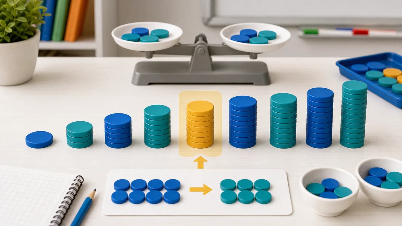 Ordered counter stacks, a highlighted middle group, and a balance scale showing median and mean as fair share.