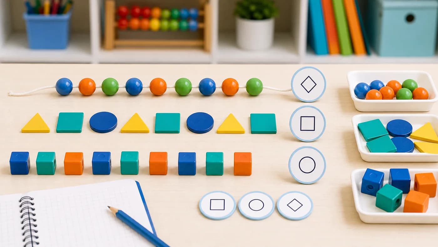 Repeating bead patterns, shape tiles, blocks, and blank placeholder tokens showing patterns and literal numbers.