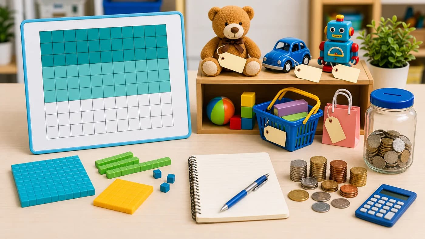Hundred-square grid, shop objects, blank price tags, coins, and savings jar showing percentage and money applications.