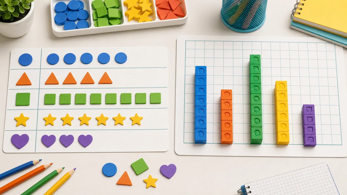 Repeated shape icons and colored bar blocks on a blank grid showing pictographs and bar graphs.