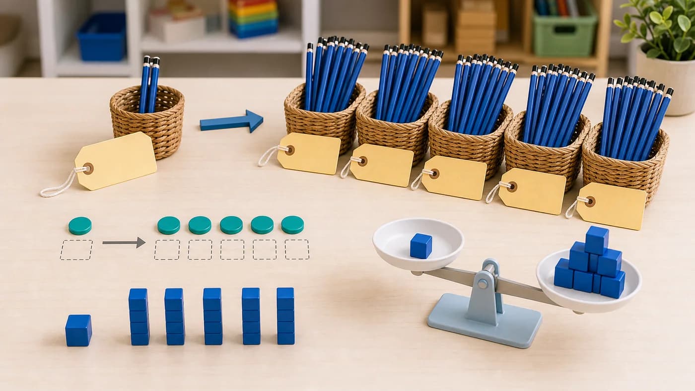One unit group and multiple equal groups of pencils and counters showing proportion and unitary method scaling.