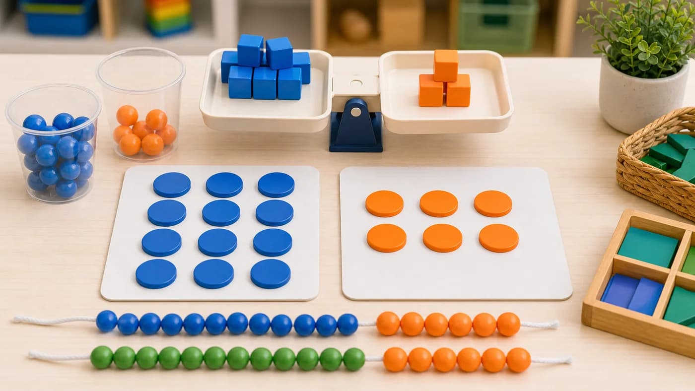 Two groups of counters, bead strings, and marbles arranged for comparing quantities through ratios.
