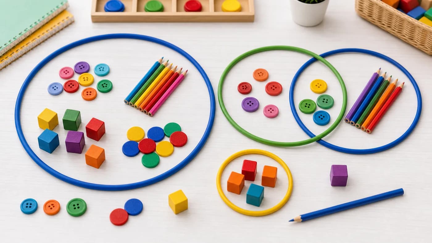 Colored hoops grouping classroom objects and counters to show sets, membership, and overlapping groups.