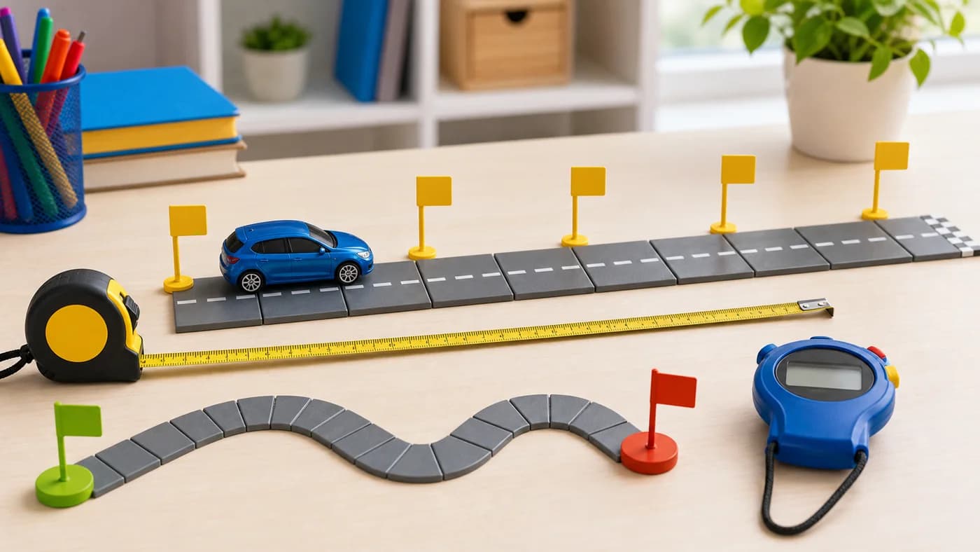 Toy car on a track with measuring tape and stopwatch showing speed, distance, and time relationships.