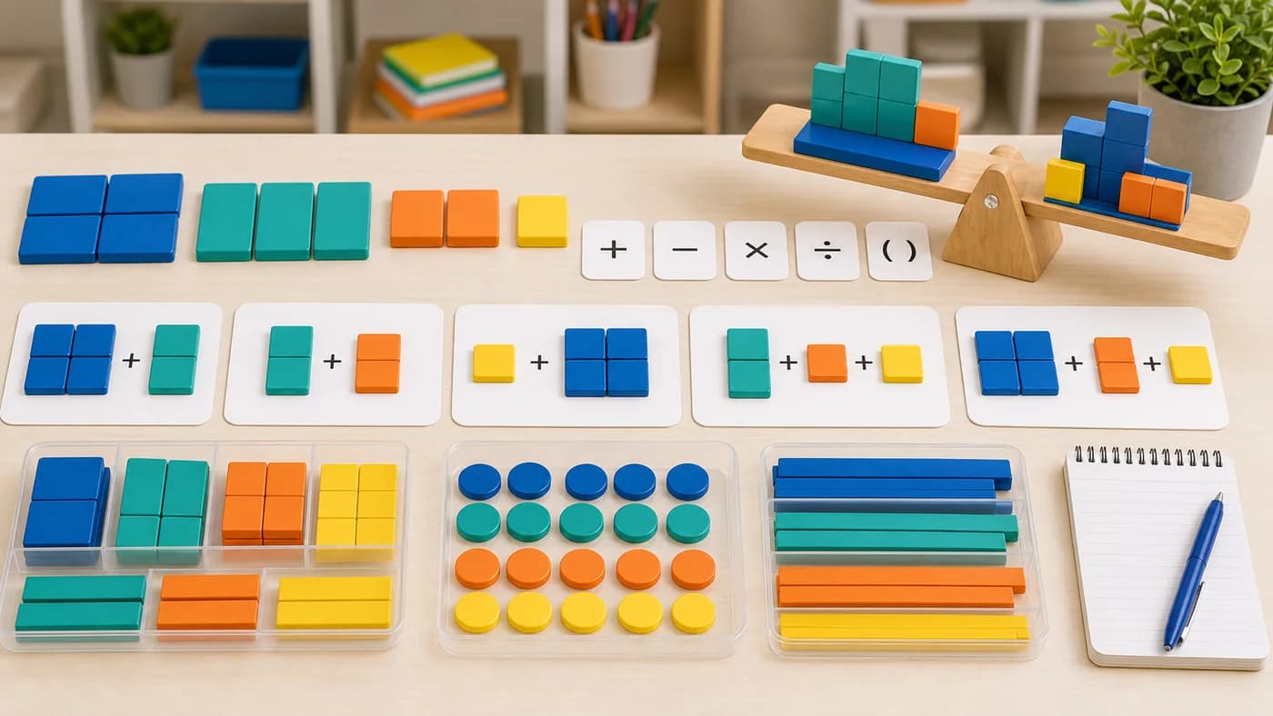 Algebra tiles, grouped counters, blank symbol cards, and balance board showing terms and expressions.