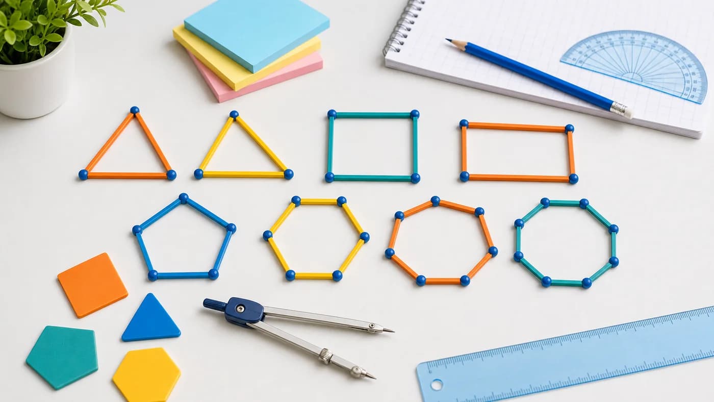 Colored sticks forming triangles and polygons with geometry tools showing closed figures, sides, and vertices.