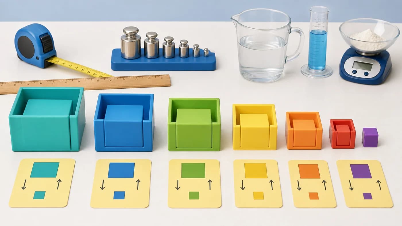 Measurement tools, nested unit blocks, and blank conversion cards showing larger and smaller measurement units.