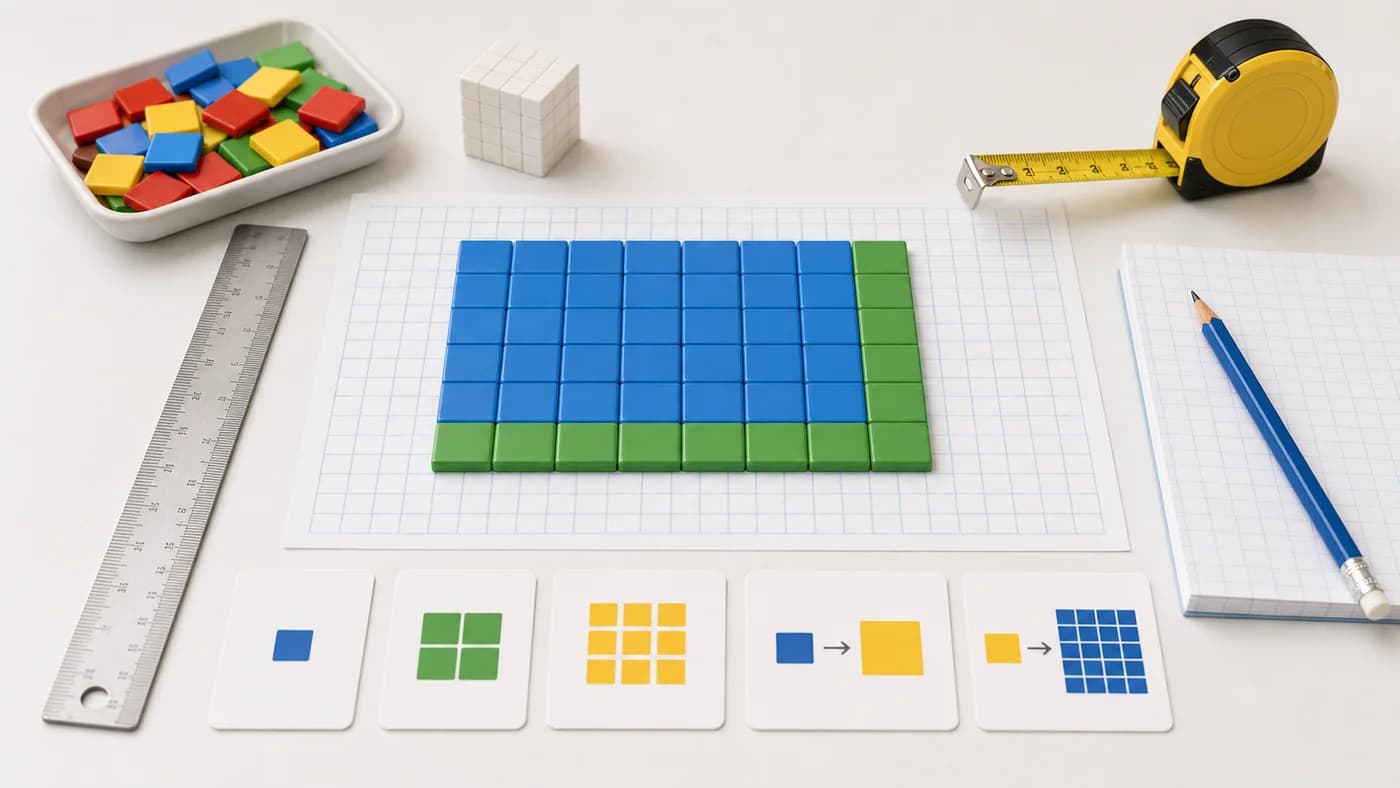 Graph paper, ruler, tiles, and measuring tape showing area measured by square units and unit conversion ideas.