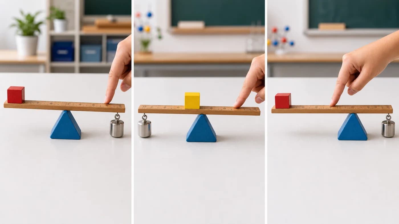 Three classroom lever models comparing pivot, load, and effort positions for different classes of levers.