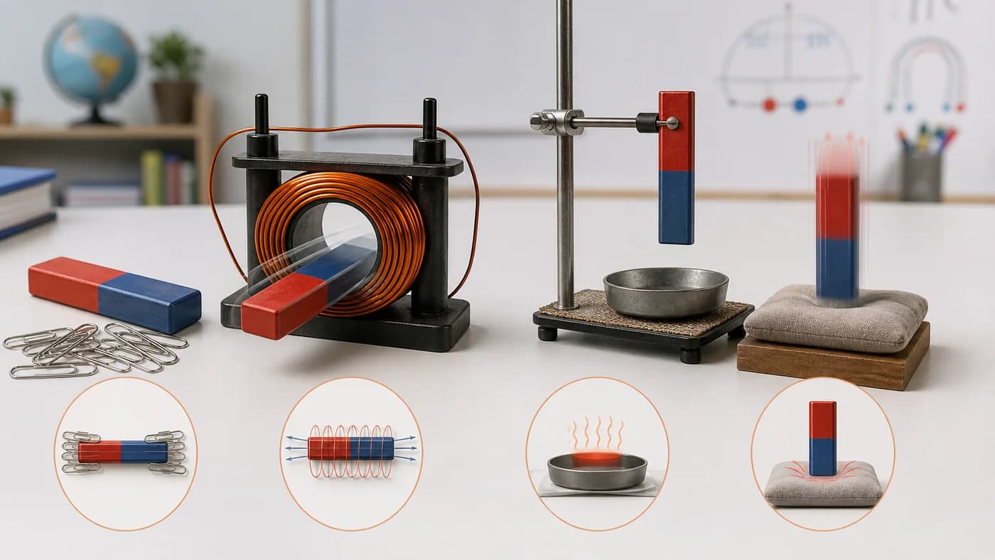 Classroom model showing safe ways a magnet can lose magnetism through heating, impact, or alternating magnetic effect.