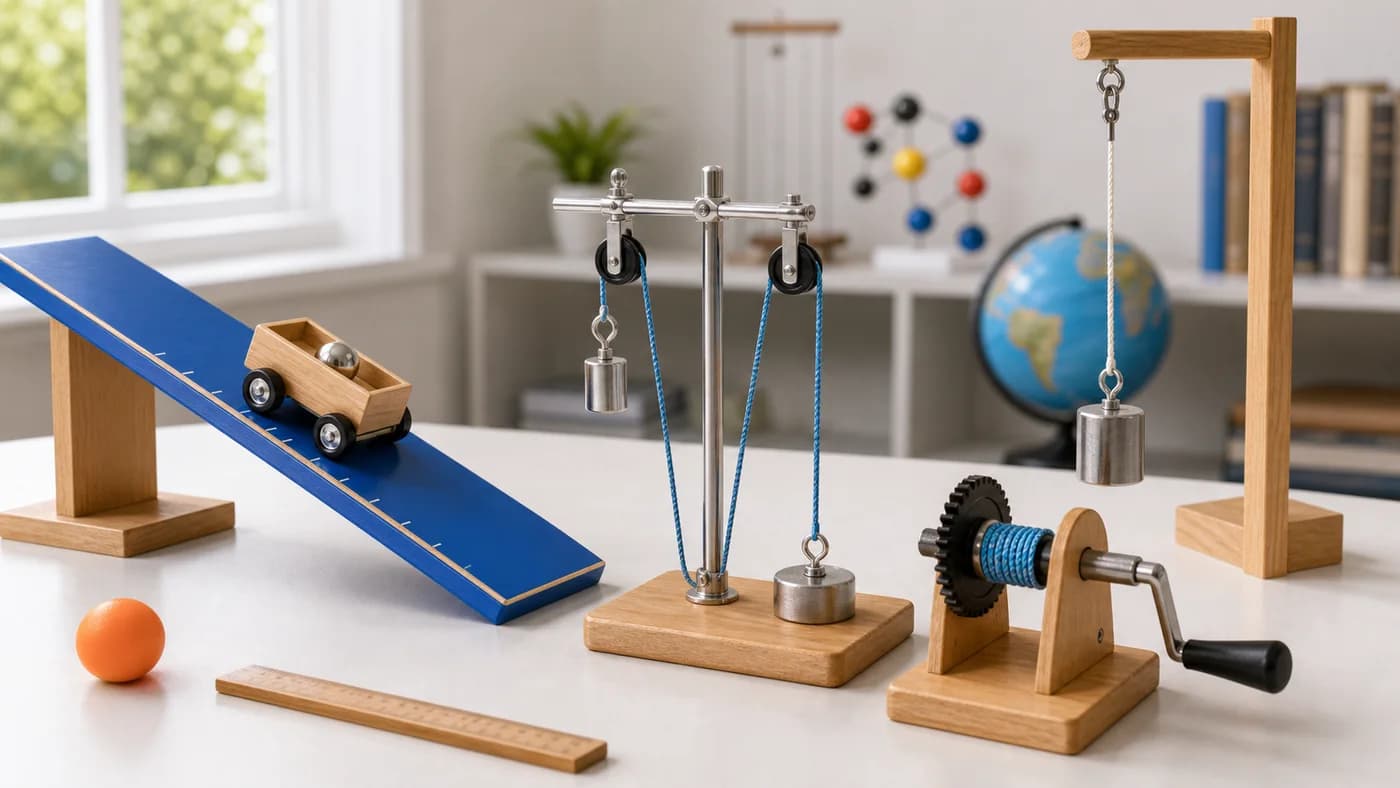 Toy ramp, pulley, hand-crank model, and raised load showing energy used to do work with machines.