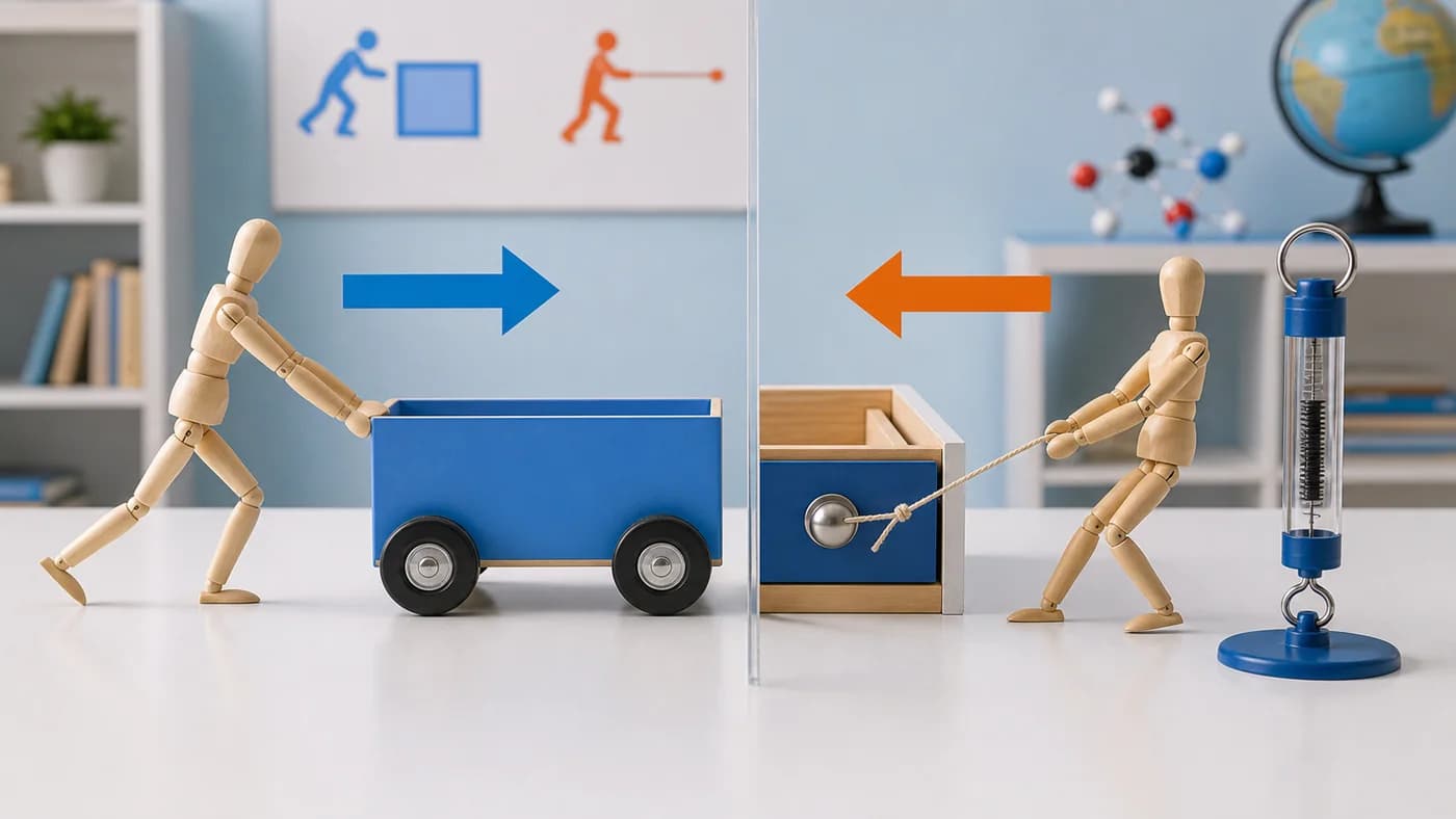Classroom model showing a toy cart being pushed and a drawer handle being pulled to explain force.