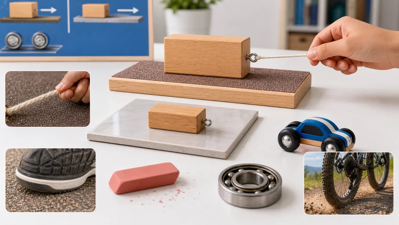 Wooden block, rough and smooth surfaces, toy wheel, and pulling string showing friction between surfaces.