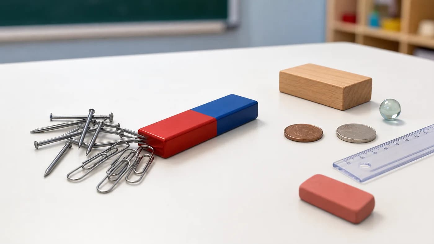 Bar magnet near paper clips, nails, coins, wood, plastic, rubber, and glass objects showing magnetic and non-magnetic materials.