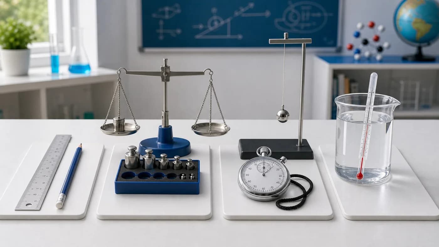 Four classroom measuring stations for length, mass, time, and temperature using ruler, balance, stopwatch, and thermometer.