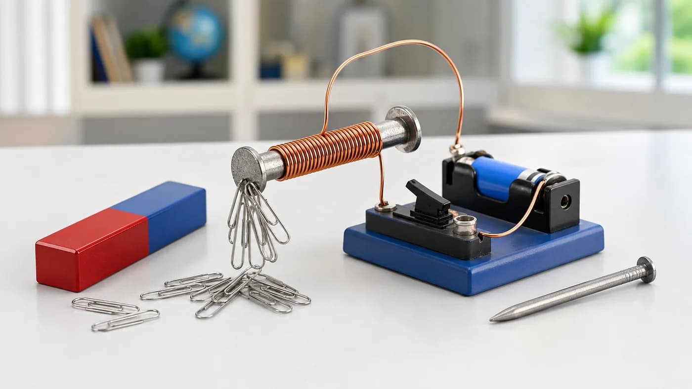 Permanent magnet, soft iron nail, and safe electromagnet setup with coil, battery holder, switch, and paper clips.