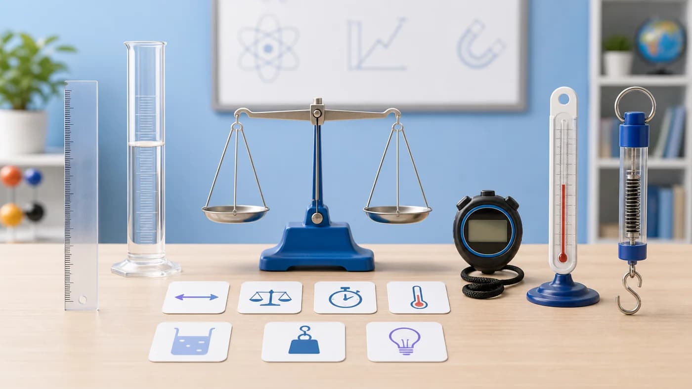 Physics measurement tools including ruler, balance scale, stopwatch, thermometer, measuring cylinder, and spring balance.