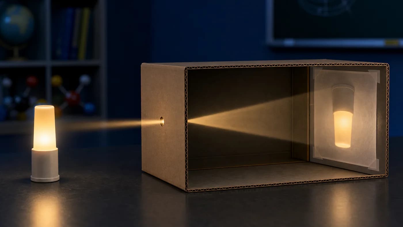 Shoebox pinhole camera model forming an inverted image on a screen using straight-line light travel.