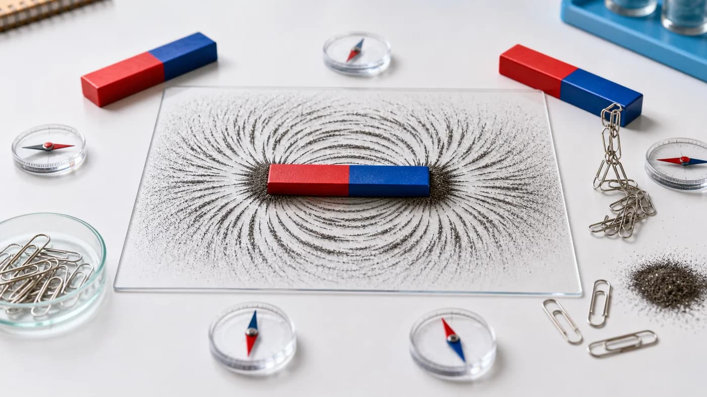 Bar magnets, iron filings, compass needles, and paper clips showing magnet poles, field patterns, and attraction.