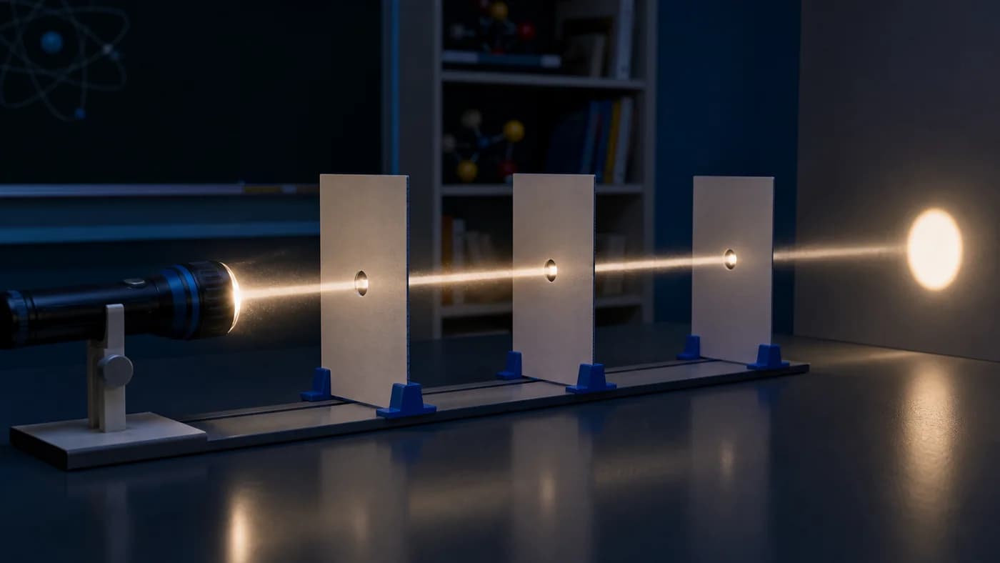 LED torch shining a straight beam through aligned holes in screens to show rectilinear propagation of light.