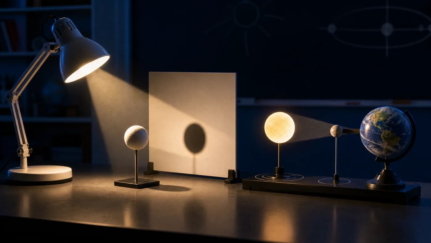 LED lamp, object, shadow screen, and aligned sphere model showing shadows and eclipse formation.