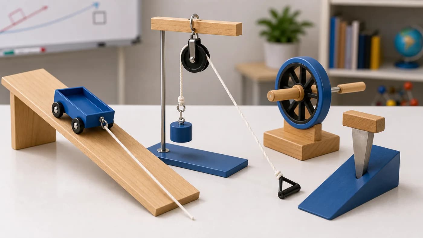 Inclined plane, pulley, wheel-and-axle, and wedge models showing how simple machines make work easier.