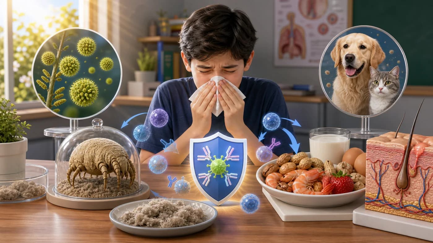Common allergen models such as pollen, dust mites, food, pet fur, and sunlight arranged on a classroom health display.