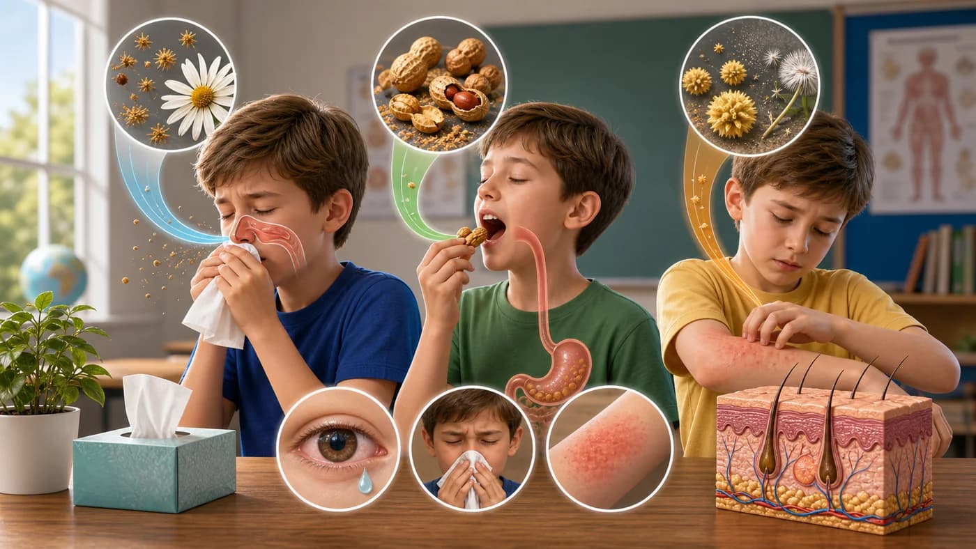 A classroom health model showing allergy entry routes through nose, mouth, and skin with gentle symptom cues.