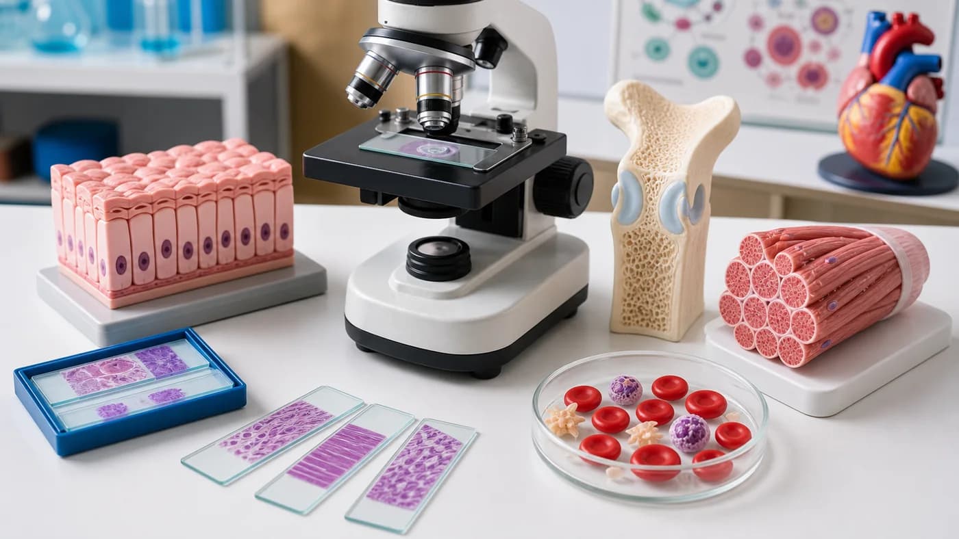 Microscope with epithelial, connective, muscular, and blood tissue classroom models and slides.