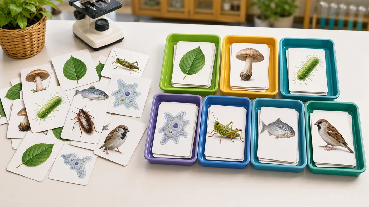 Organism model cards sorted into trays showing classification as grouping living things by shared features.