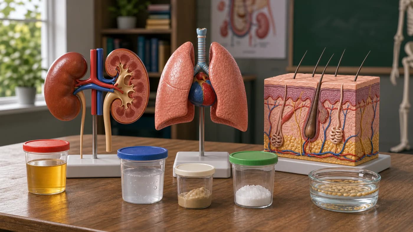 Anatomical models of kidneys, lungs, and skin pores arranged to show the main excretory organs.