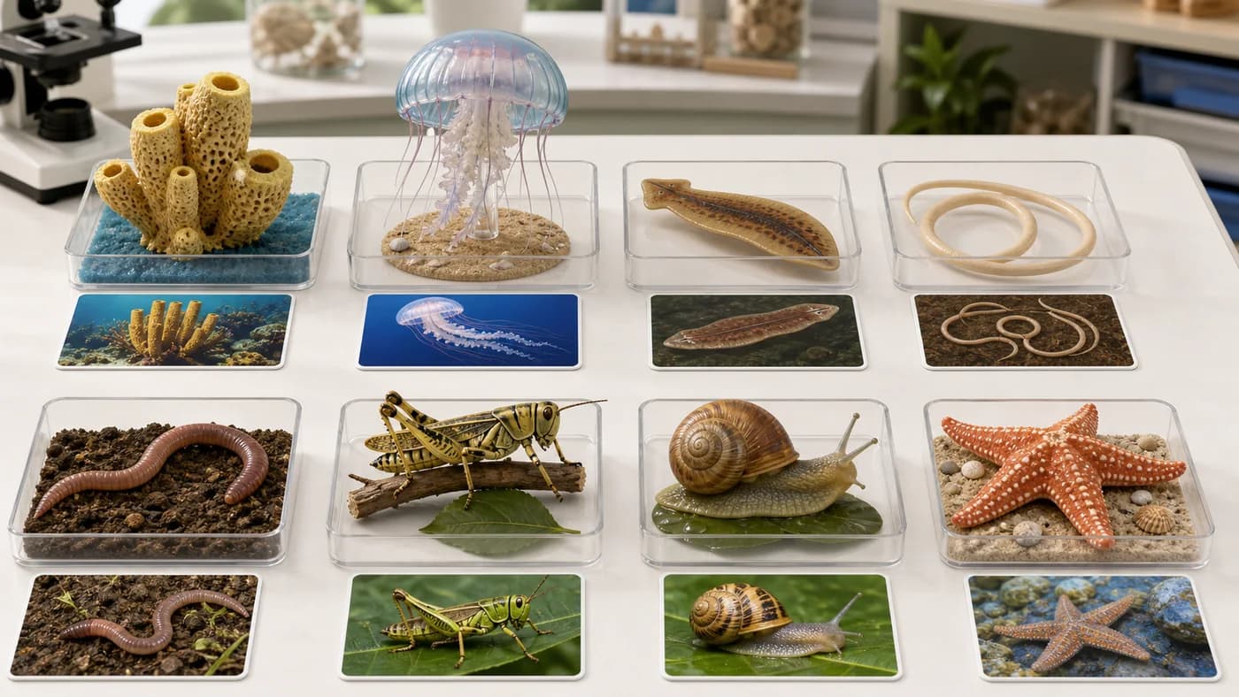 Classroom organism models of sponge, jellyfish, worms, insect, snail, and starfish showing major invertebrate groups.
