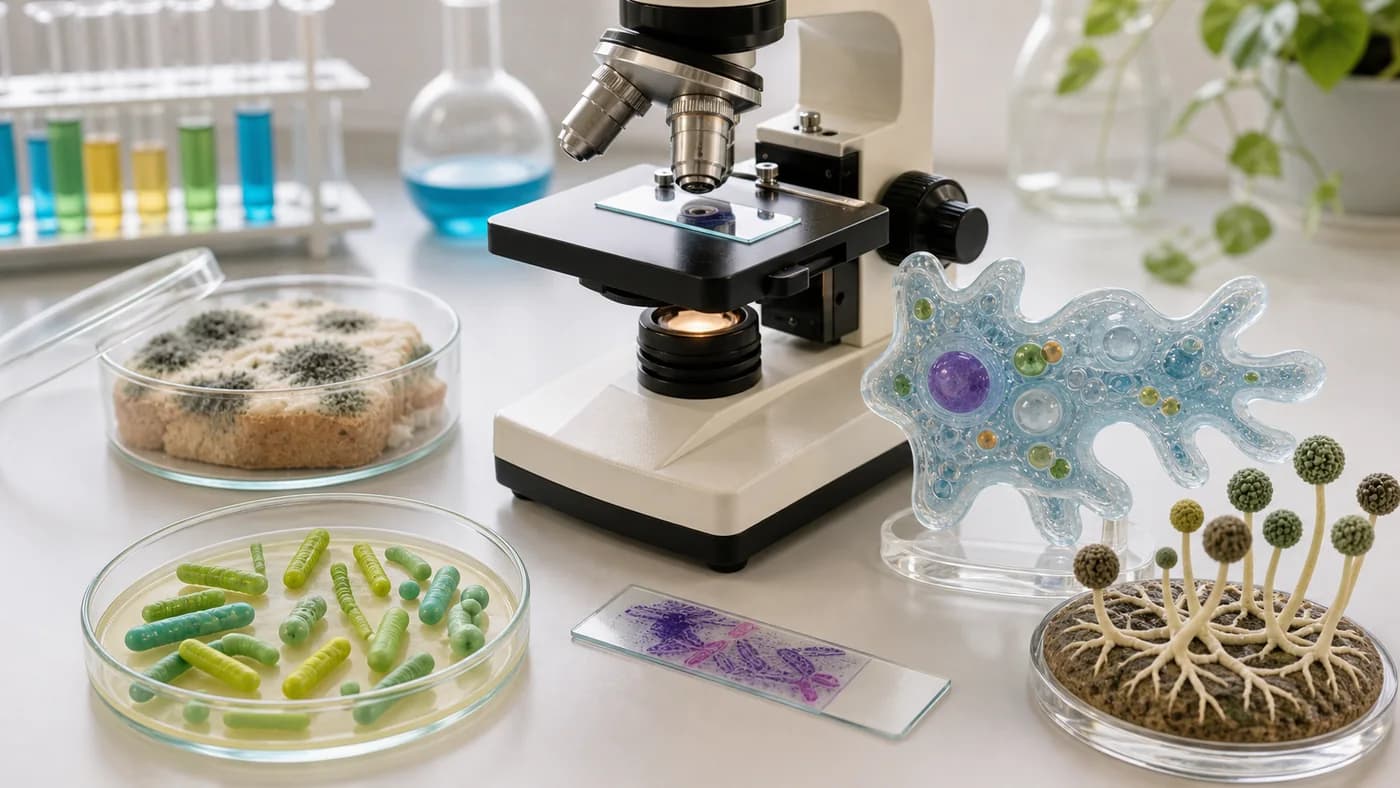 Microscope, slides, sealed mould model, amoeba model, and bacteria models showing Monera, Protista, and Fungi.